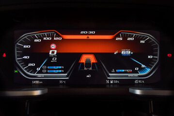 Dashboard screen of a stopped truck warning the driver in orange that there is something in front...