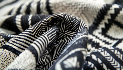 A closeup shot of black and white geometric fabric with a textured surface