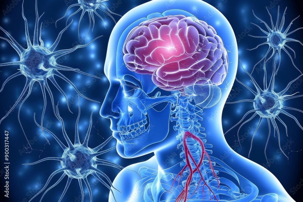 Poster anatomical illustration of a head with neural networks highlighted in blue and red on a light backgr
