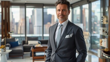 Fototapeta premium Confident CEO in Elegant Suit Embracing Success in Modern Office with City View