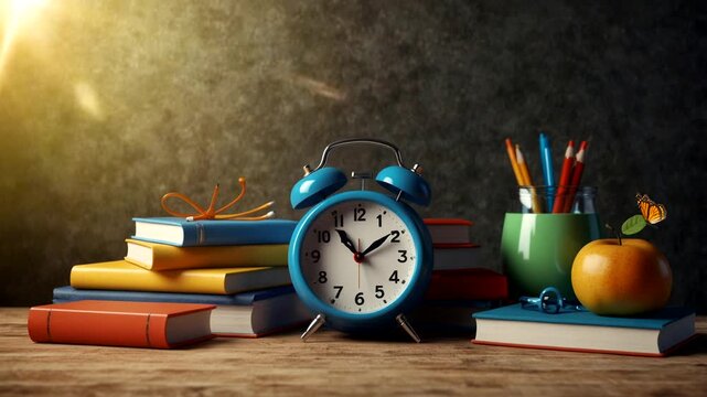 Animation of a book, pencil and clock on the table