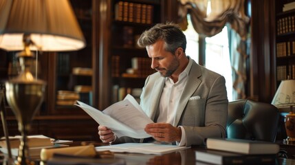 Fototapeta premium Confident CEO in Sophisticated Office Setting, Exhibiting Professionalism and Elegance