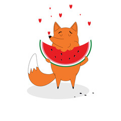 Web Cute cartoon fox eating watermelon. Vector illustration of an animal with fruits.