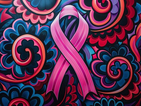 A pink ribbon with a flower design is on a colorful background