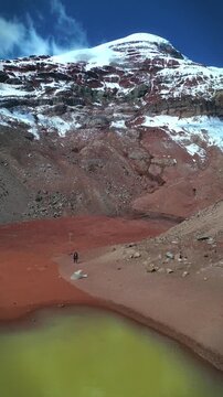 vertical Aerial drone woman walking along the shore of Condor Cocha Lagoon on Chimborazo Volcano