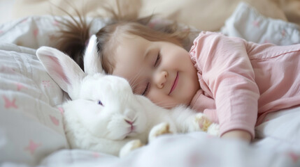 A white rabbit lies next to a baby girl on a bed. The close-up shows a tender moment between a small child and her pet, relaxing together in a bedroom.
