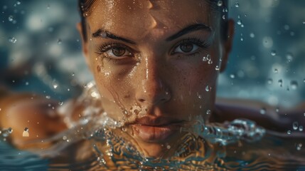 Determined Female Swimmer Exiting Pool with Intense Focus in Captivating Setting