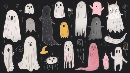 Playful Kawaii Ghost Doodle with Sharp Line Art on Black Background