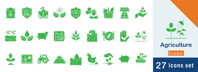 Agriculture solid fill flat vector icon set. containing  trees, fruits, vegetables, fertilizer, poultry and more vector design © PARVEZ