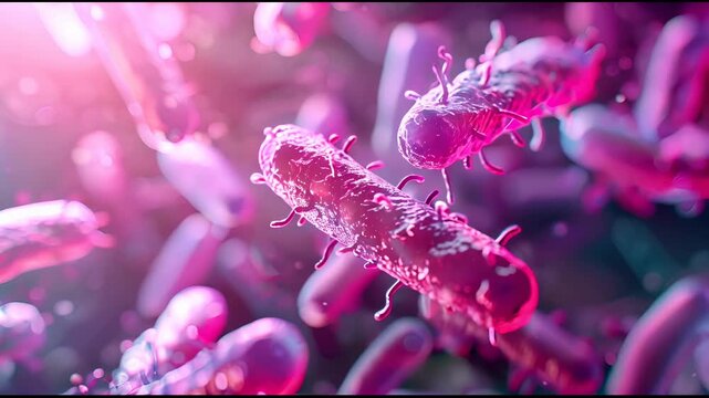 Listeriosis infection caused by pathogenic bacterium Listeria monocytogenes under microscope macro closeup view. Food poisoning contamination, outbreak of disease