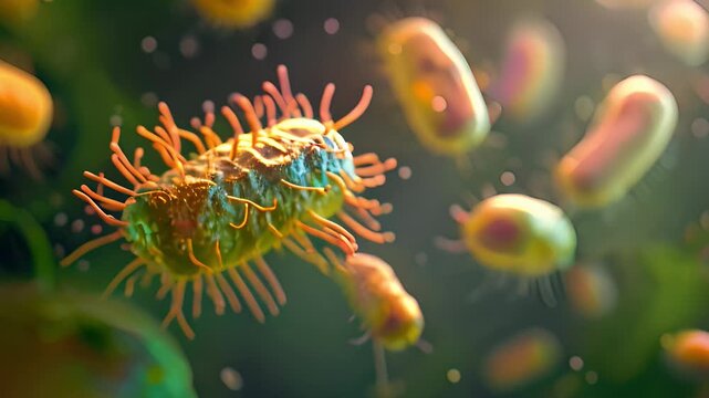 Listeriosis infection caused by pathogenic bacterium Listeria monocytogenes under microscope macro closeup view. Food poisoning contamination, outbreak of disease