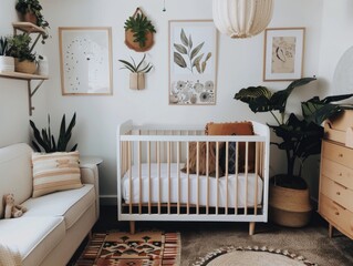 A nursery with a white crib, a couch, and a plant. The nursery has a natural and cozy feel to it