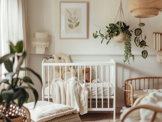 A nursery with a white crib and a plant hanging from the ceiling. The nursery has a cozy and welcoming atmosphere
