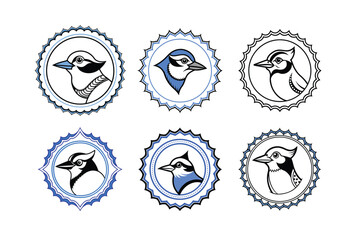 Logo of blue jay bird, labeled line art vector design illustration.