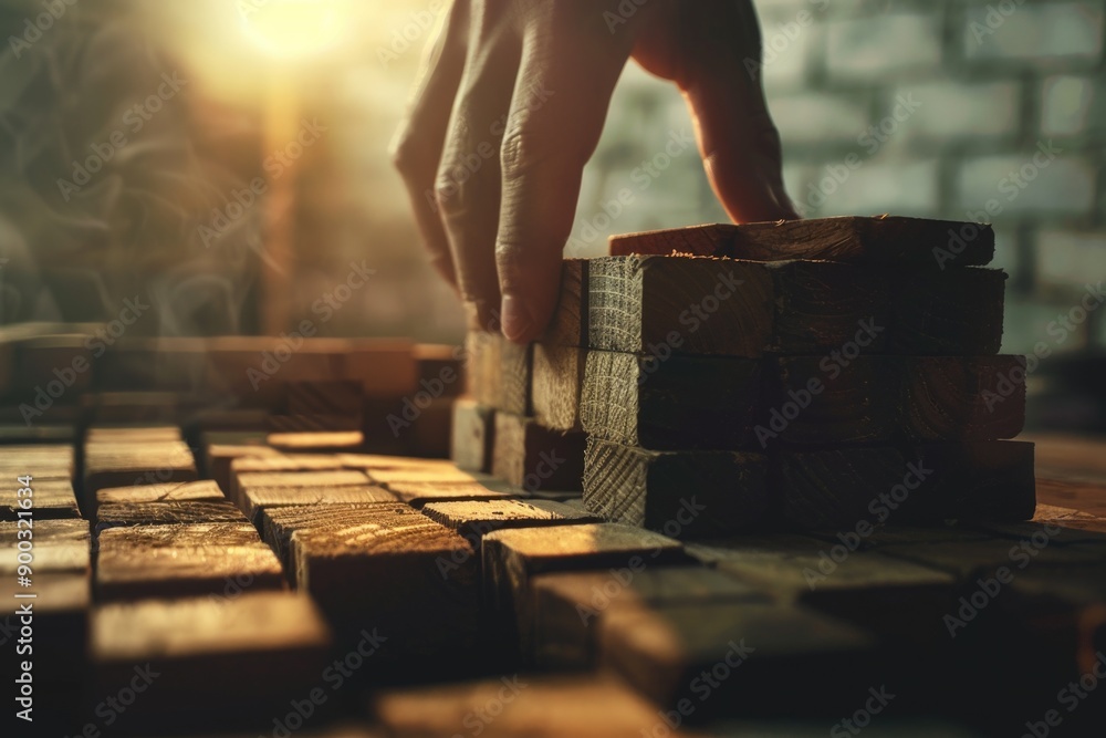 Aufkleber a person places a block on top of a pile of wood, construction or building setting