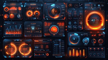 Fototapeta premium vector, illustration, User interface elements set for Smart home mobile app or web. Kit template with HUD, automation system, remote monitoring, room thermostat control, security. Pack of UI, UX, GUI.