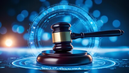 High Tech Blue Digital Gavel Surrounded by Digital Data on Blue Bokeh Background, Representing the Justice. judge hammer.