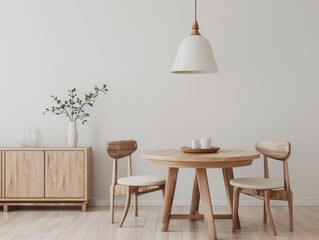 A simple, clean and modern living room with a wooden table and chairs. A white vase with green leaves on it sits on a table