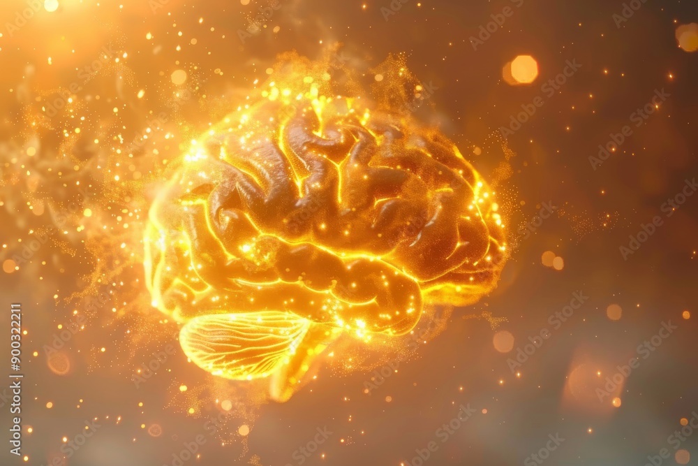 Poster futuristic brain model with glowing neural connections symbolizing intelligence and technological ad