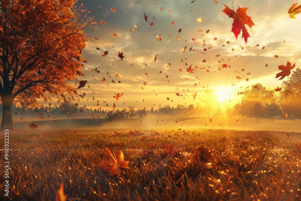 Poster a serene scene of a field with lush green grass and tall trees with leaves gently blowing in the air