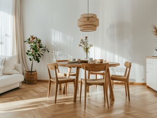 A large wooden dining table with four chairs around it. The table is surrounded by a few potted plants and a vase with flowers. The room has a warm and inviting atmosphere