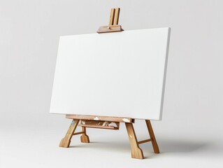 A blank canvas set on a wooden easel in a minimalist setting