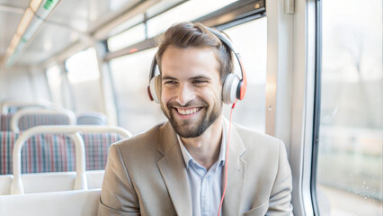 Smiling businessman listening to music with headphones in a train carriage.