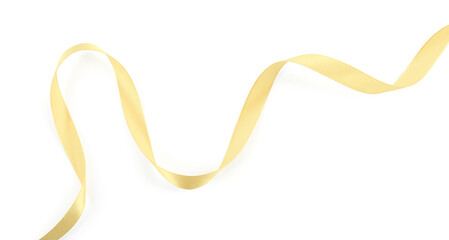 One beautiful light yellow ribbon isolated on white, top view
