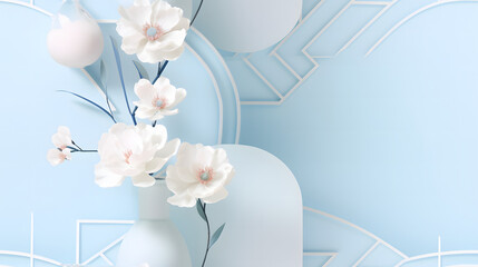 Clean and trendy minimal scene with geometric shapes and a podium, highlighted by a seamless Camellia japonica flower pattern in pastel blue and white