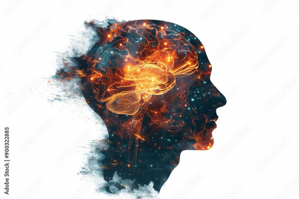 Poster artistic portrait with neural network overlay and a geometric pattern background symbolizing human i