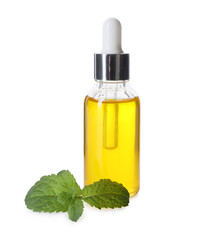 Bottle of essential oil and mint isolated on white