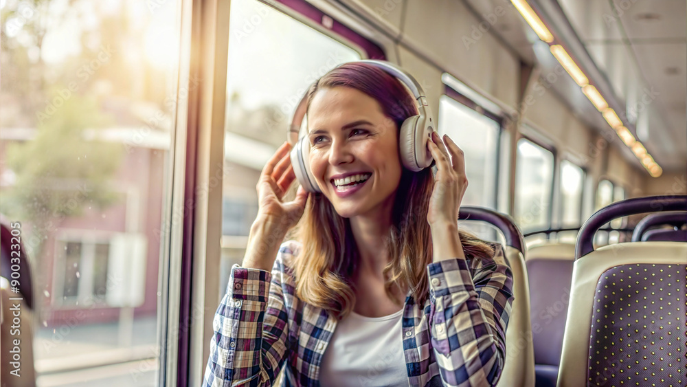 Wall mural Young woman listening to music in a public transport. Girl in headphones.