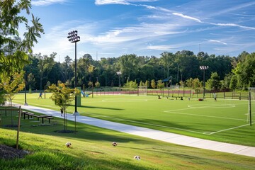 Obraz premium Green Soccer Field with White Lines and a Pathway