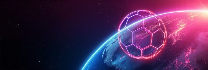 Neon soccer ball orbiting Earth in outer space. Futuristic sports and global concept background with copy space.