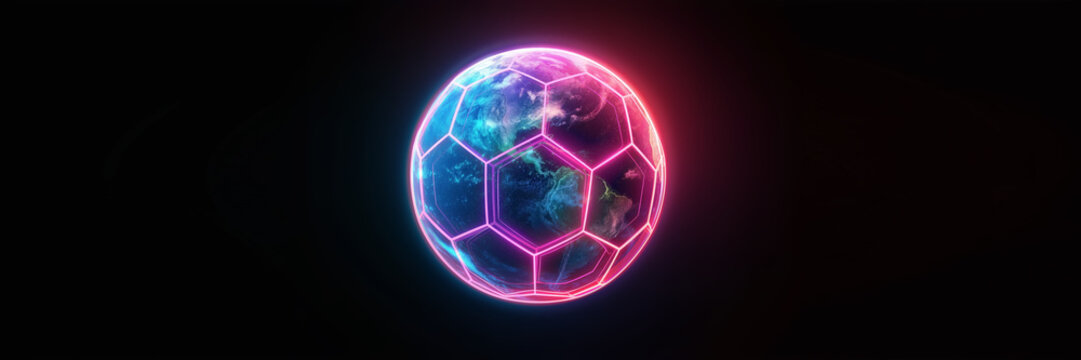 Earth shaped like a neon soccer ball in outer space. Futuristic global sports concept with copy space.