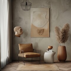 A room with a brown chair, a white table, and a vase with brown flowers. The room has a minimalist and modern feel, with a focus on simplicity and clean lines