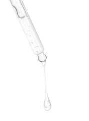 Dripping cosmetic serum from pipette on white background