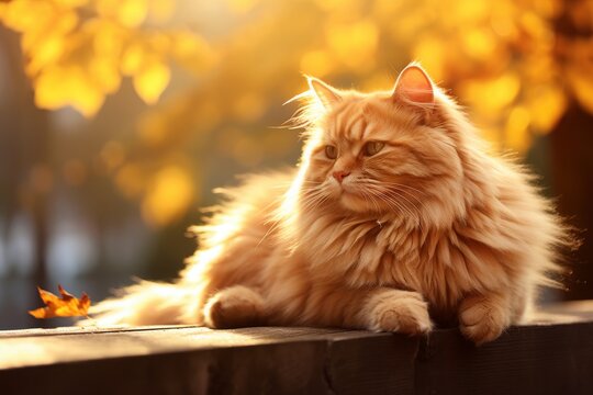 Fluffy ginger cat enjoys the sunny autumn day