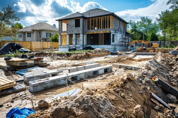Construction Site of a New Home with Excavator