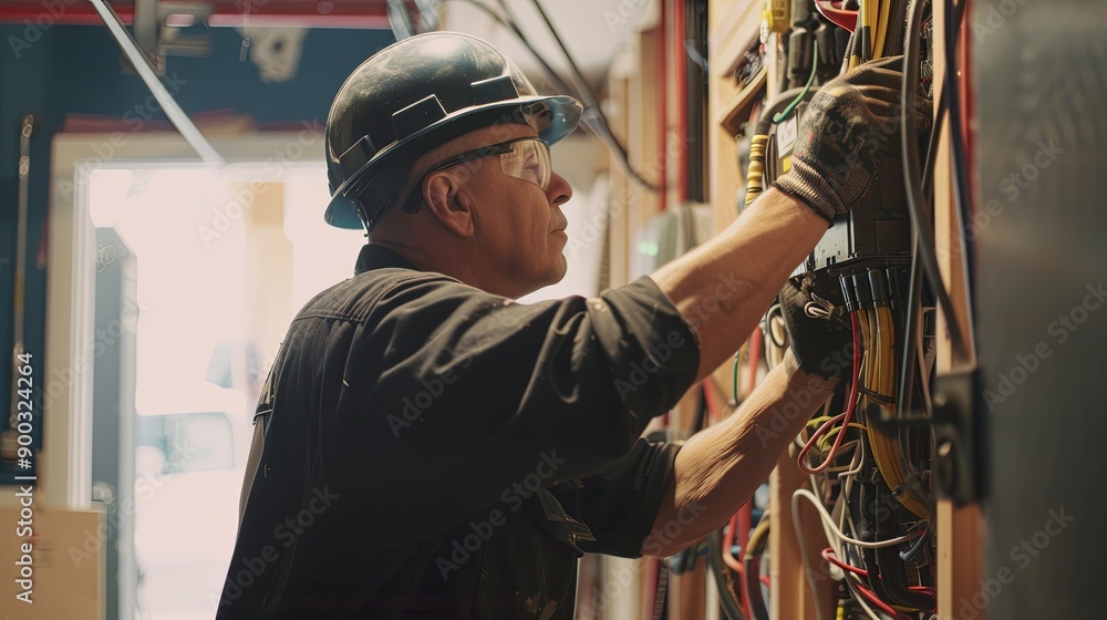Poster a close-up view of an electrician working on electrical wiring in an open wall. the electrician is w