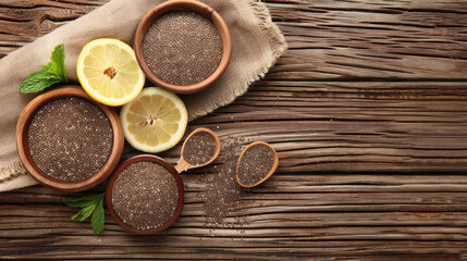 Overhead view of chia seed water with lemon slices and mint on a wooden table. Includes a small spoon and bowl of dry chia seeds. Soft natural lighting enhances freshness..