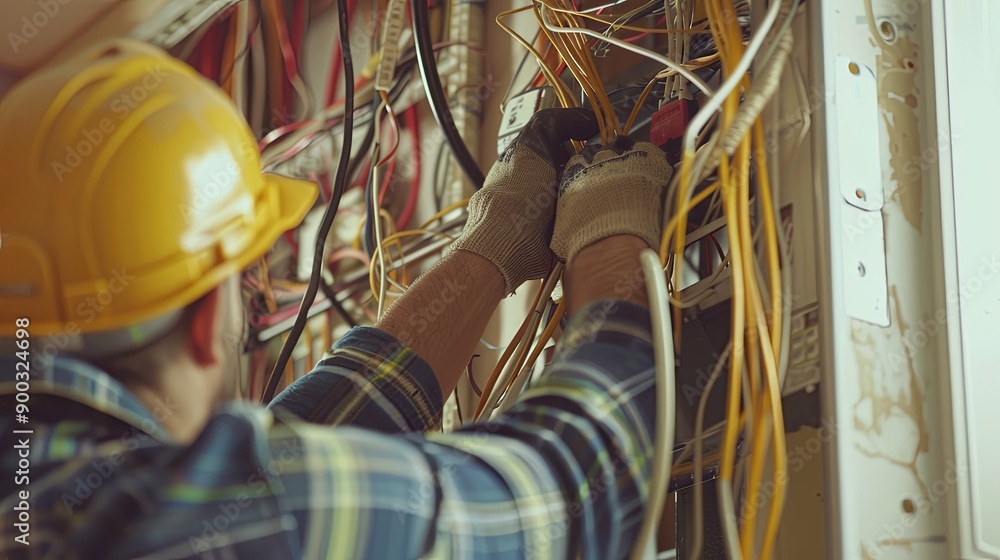 Poster an electrician wearing a hard hat and gloves works on exposed wiring inside an open wall, showcasing