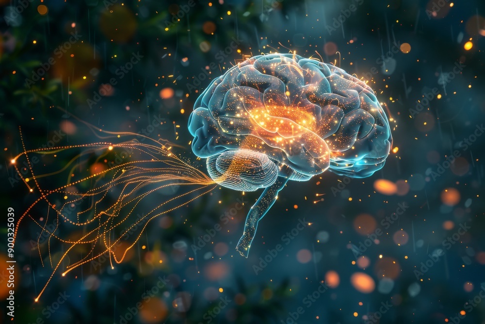Poster brain model with neural connections in a futuristic environment symbolizing technology and connectiv
