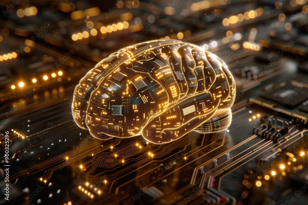 Poster golden brain model on a digital circuit board symbolizing technology and intelligence