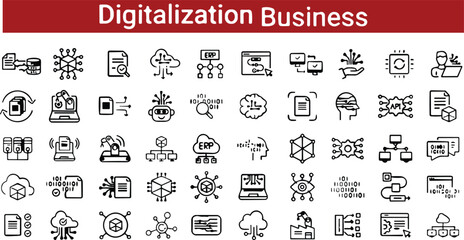 Digitalization line icons set. Graphic elements, stock vector Icon, Business, product, computer, system, Technology connection