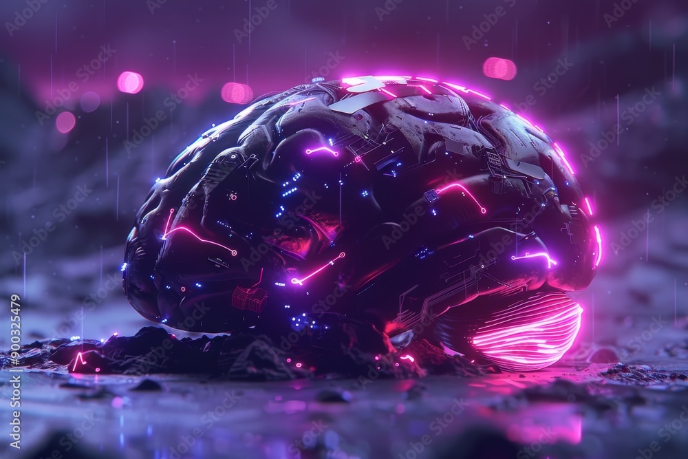 Aufkleber futuristic brain model with neon lights in a digital environment symbolizing intelligence and techno