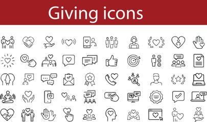 Giving charity or donation line icons set Friend, team, love, Humanitarian, Community, Donation Box, Fundraising