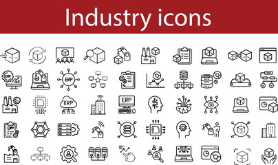 Industry or factory data and processing document line icons set. Data, finance, computer, Networking and supply chain collection
