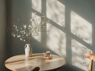 A table with a vase of flowers and a cup on it. The table is in a room with a window that lets in sunlight