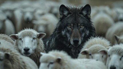 A wolf stands in front of a herd of sheep